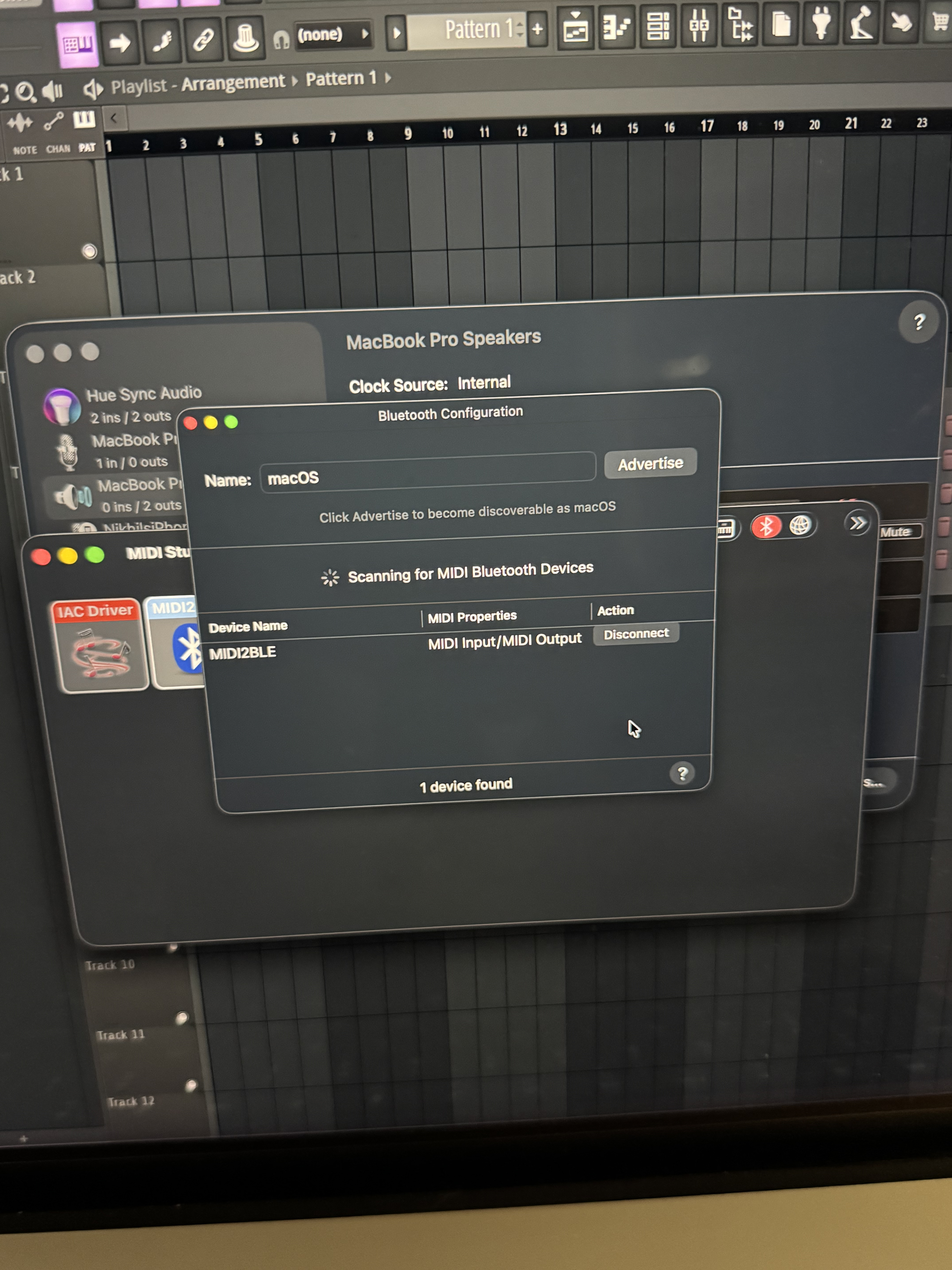 Mac Audio MIDI Setup showing MIDI2BLE device connected, with FL Studio open in the background