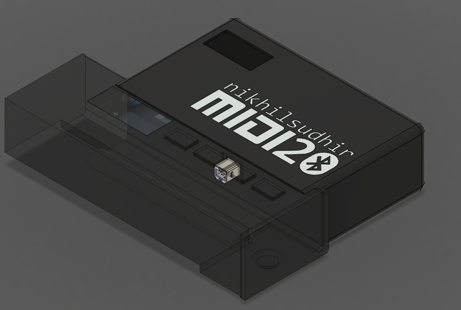 3D render of midi2BLE device shown in context next to a MIDI keyboard