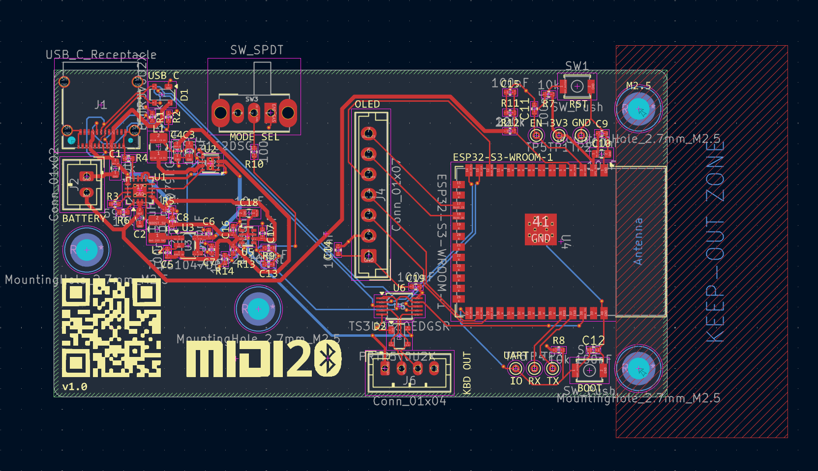 KiCad 2D PCB layout showing component placement and routing on the 75x40mm board