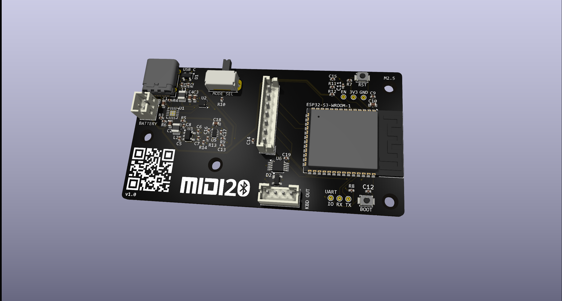 KiCad 3D render of the midi2BLE PCB top side showing component placement